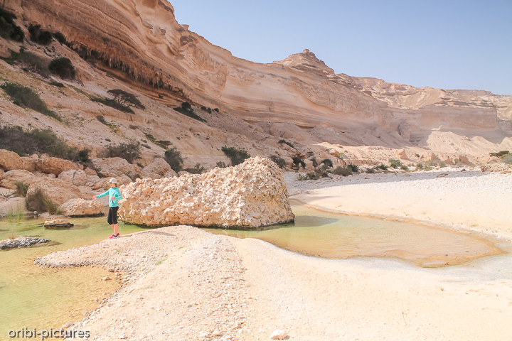 *Tiefer hinein in den Canyon*<br><br>Dorthin, wo kein Jeep mehr hinkommt, wandern wir noch einige Kilometer tiefer ins Wadi Ash Shuwaymiyyah.<br><br>